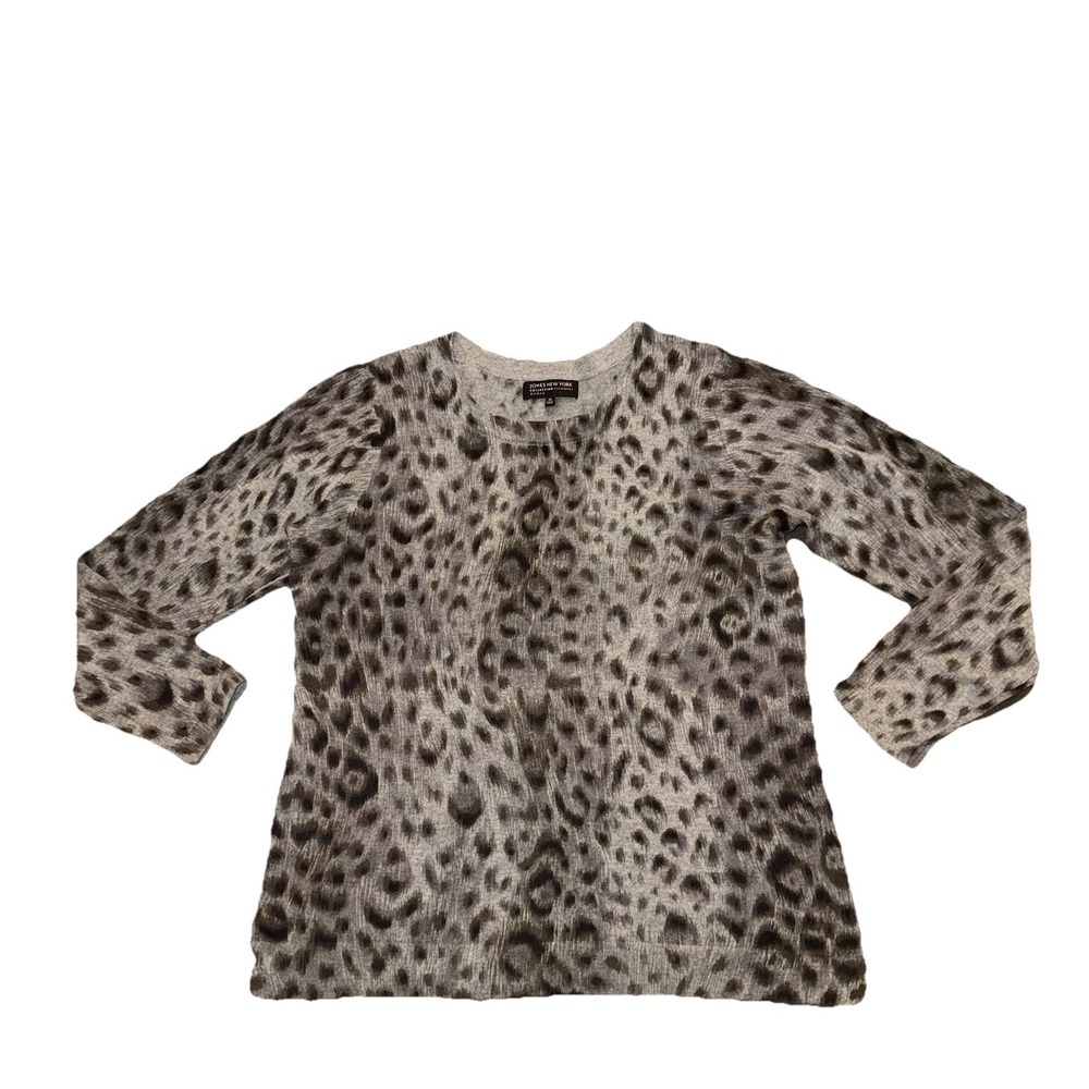 Jones New York Sweater Top Women's OX Gray 100% Cashmere‎ Leopard Animal Print